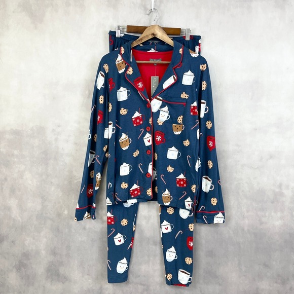 PJ Salvage Womens Pajama Set M/L Hot Cocoa Cookie Print Holiday Lounge Comfy - Picture 1 of 13